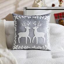 1pc Christmas Grey Reindeer Embroidered Pillow Case, Suitable For Indoor Decoration, Christmas Decor, All-Season Pillow Cover, Without Insert - Grey - View 9