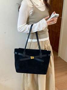 1件女款純色PU中隔層單肩托特包，大容量，適合外出、購物、約會，完美禮物 - 黑色 - 查看 4