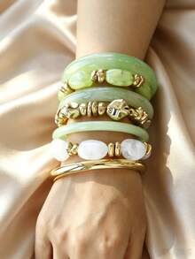 Green Floral Resin Bracelet With Gold Asymmetrical Metal Beads And White Shell Beads Bracelet Set, Niche Luxury Layered Bangle For Women Vacation Outfit Accessory - Multicolor - View 7