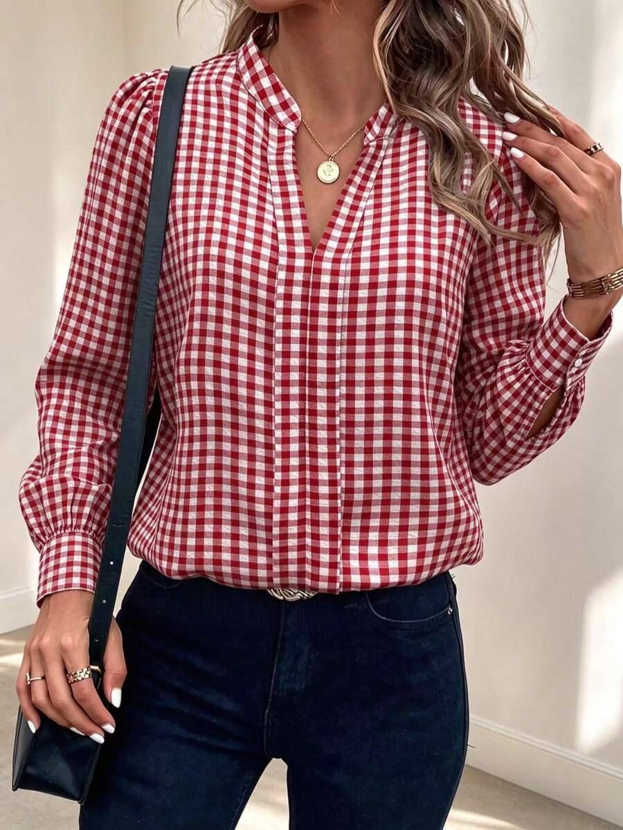 Classic Red And White Plaid Women's Shirt, Long Puff Sleeve V-Neck Top, Versatile Autumn Essential - Red Plaid - View 1
