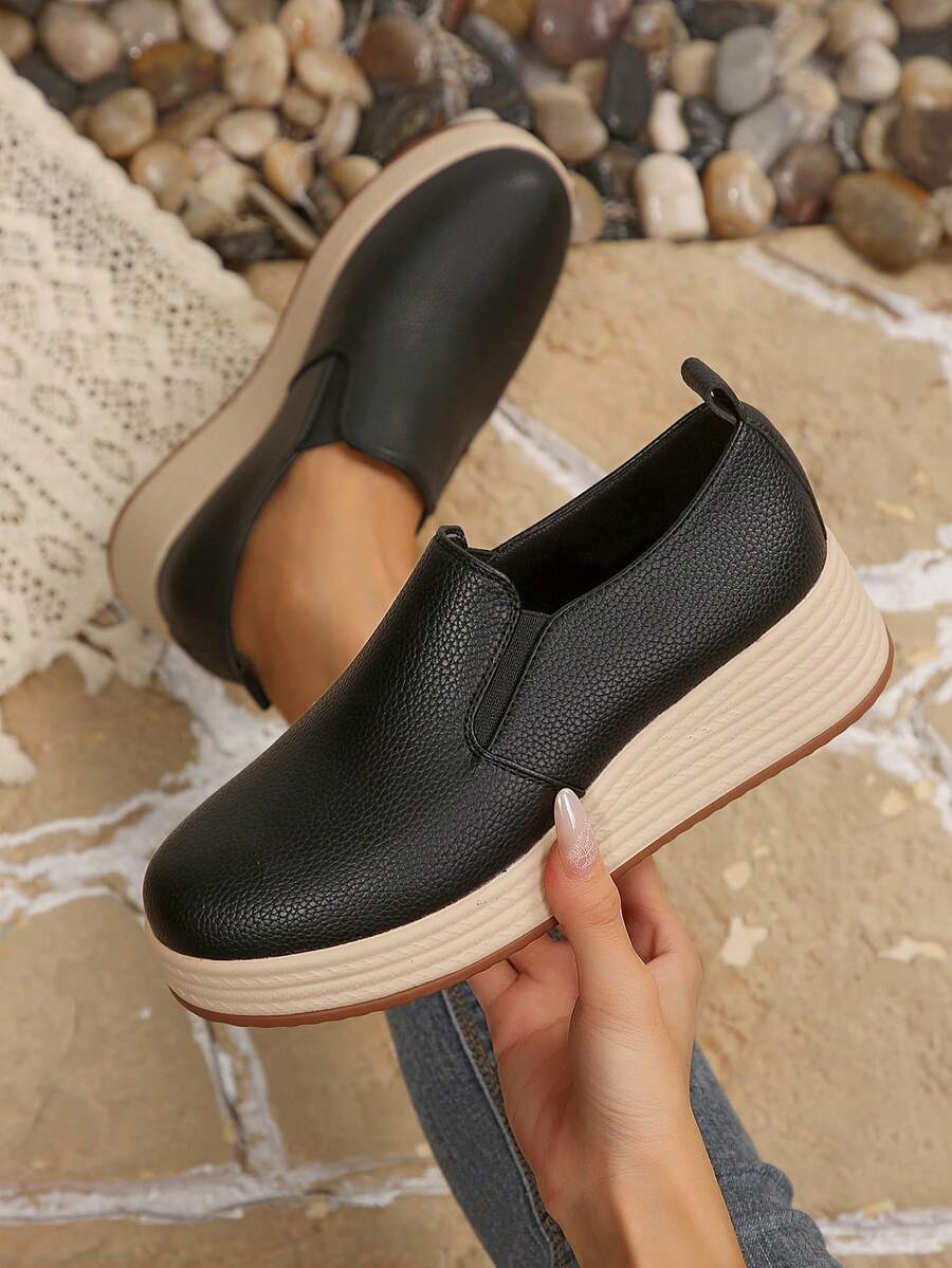 Women's Faux Rope Wedge Platform Round Toe Slip-On Loafers, Comfortable Daily Commute Home Shoes - Black - View 1