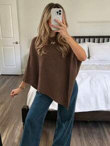 كنزة شال نسائية أنيقة بسيطة بأسلوب Y2K، لون موحد مضلع، للارتداء اليومي، خريف وشتاء وربيع - بني - مشاهدة 9