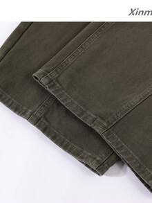 Pantalon en coton lavé style coréen début d'automne, jambes courbes et larges, design taille haute, jean utilitaire décontracté élégant pour les voyages et les vacances - Militaire verte - Voir 4
