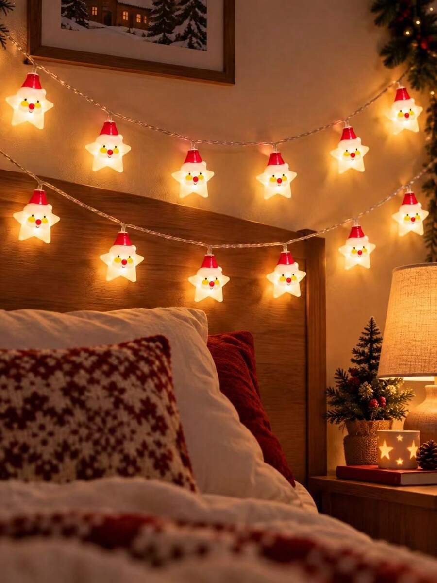 1pc Christmas Star LED String Lights, Battery Powered, 10/20 LED Beads, Creative Santa Claus And Star Design, Suitable For Bedroom, Living Room, Door/Window, Party Decoration, Create Christmas Party Atmosphere, Also A Beautiful Christmas Gift. - Multicolor - View 1