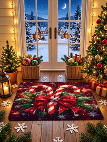 Christmas Design Welcome Doormat, Holiday Candy Cane, Bow And Gift Pattern, Machine Washable Polyester Material, Non-Slip Backing, Suitable For Bathroom, Living Room, Bedroom, Kitchen, Office Decoration, Holiday Doormat | Holiday Welcome Doormat | Polyester Doormat - A - View 4