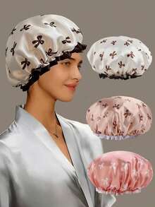 Double Layer Satin Shower Cap, Reusable And Waterproof, Suitable For Women And Girls, Hair Care Cap, Shower Cap, Full Coverage Bow Print, Thanksgiving, Bathing Scene, Home Bathroom - Model B - View 2