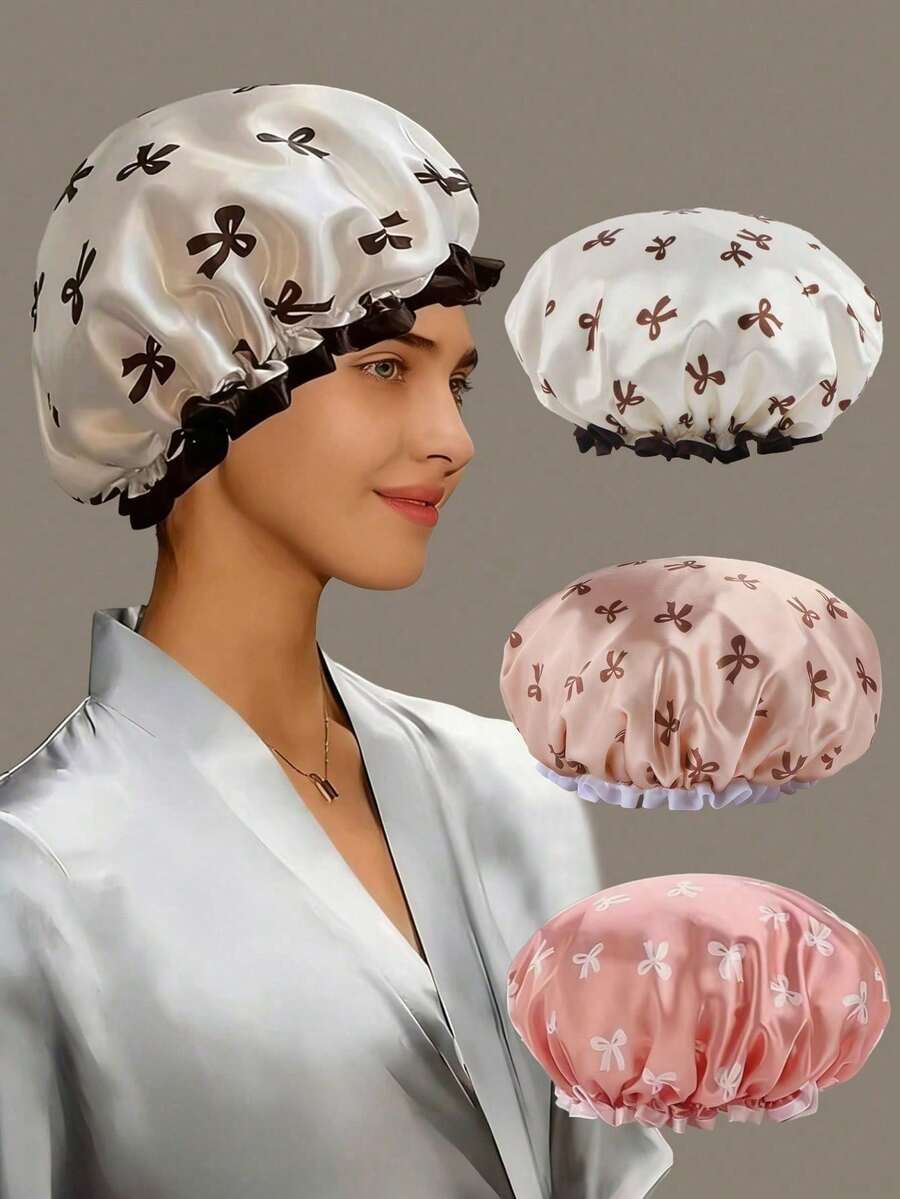 Double Layer Satin Shower Cap, Reusable And Waterproof, Suitable For Women And Girls, Hair Care Cap, Shower Cap, Full Coverage Bow Print, Thanksgiving, Bathing Scene, Home Bathroom