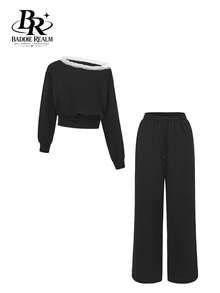 BADDIE REALM Women's 2 Pieces Outfit Casual Asymmetrical Neck Crop Top And Wide Leg Sweatpants With Contrast Lace Detail,For Fall Daliy - Black - View 8
