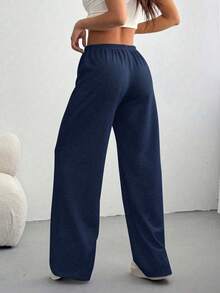Plus Size Women's Solid Color Drawstring Waist Casual Daily Long Pants - Navy Blue - View 7