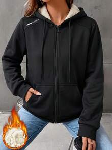 Women's Warm Fleece Lined Hooded Zip-Up Jacket, Winter Sports Fitness Cycling Running & Casual Wear Outerwear - Black - View 1
