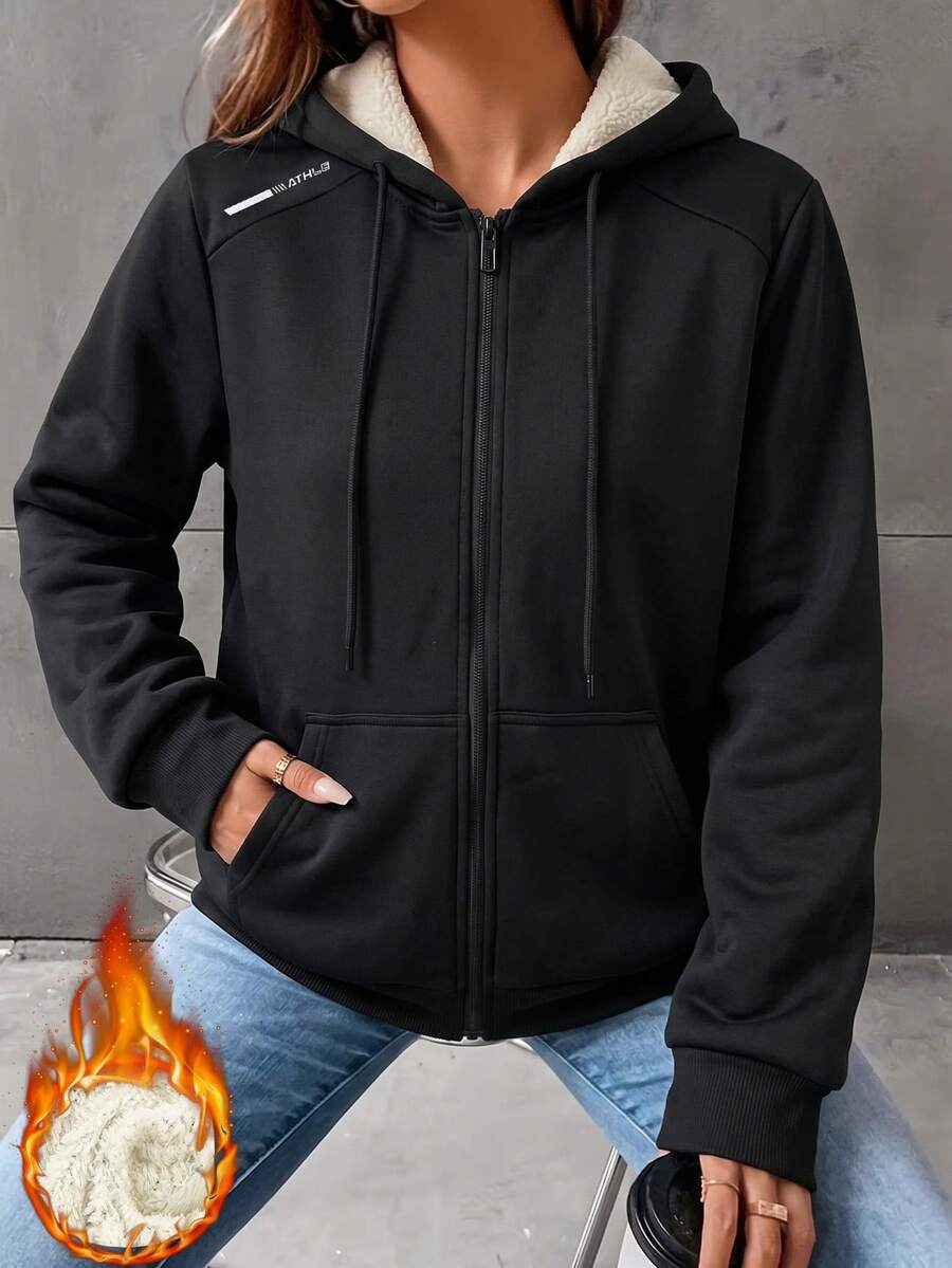 Women's Warm Fleece Lined Hooded Zip-Up Jacket, Winter Sports Fitness Cycling Running & Casual Wear Outerwear - Black - View 1