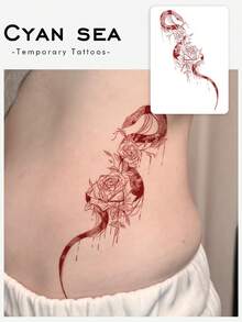 1pc Temporary Tattoo Sticker, Red Line Art Snake & Roses Pattern, Realistic Tattoo Design, Suitable For Daily Wear, Bachelorette Party Favors, Music Festivals, Games, Graduation Gifts, Lasts 3-5 Days - Red - View 1
