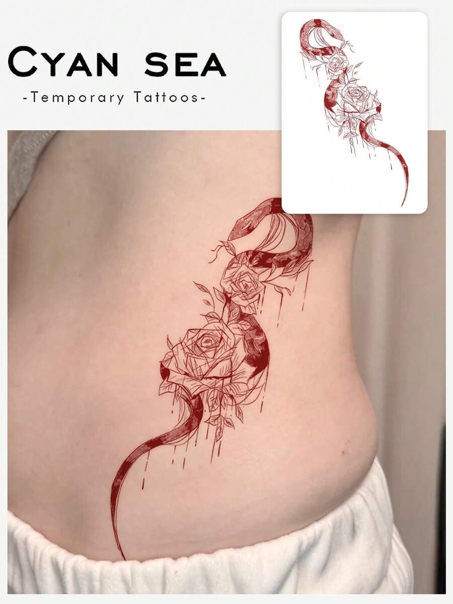 1pc Temporary Tattoo Sticker, Red Line Art Snake & Roses Pattern, Realistic Tattoo Design, Suitable For Daily Wear, Bachelorette Party Favors, Music Festivals, Games, Graduation Gifts, Lasts 3-5 Days - Red - View 1