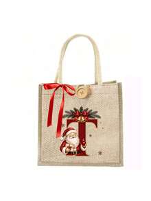 Initial And Name Christmas Canvas Gift Bag, 26 Initials, Custom Large Santa Claus Patterned Cloth Bag, Featuring A Red Bow Ribbon, Personalized Christmas Decoration Gift Party Favor - Multicolor - View 12
