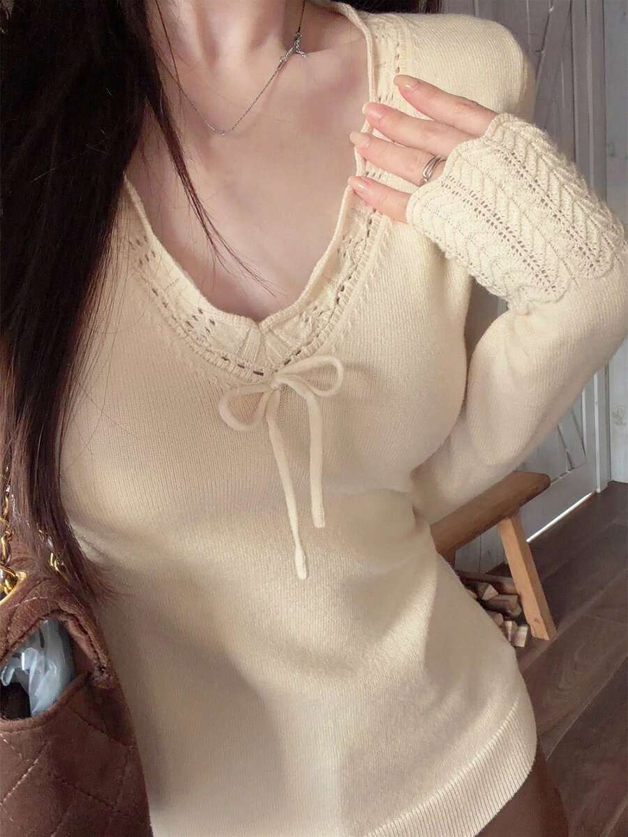 Sweet & Spicy Style Lace Trim V-Neck Fitted Base Layer Top, Women's Autumn/Winter New Bowknot Inner Layer Knit Sweater