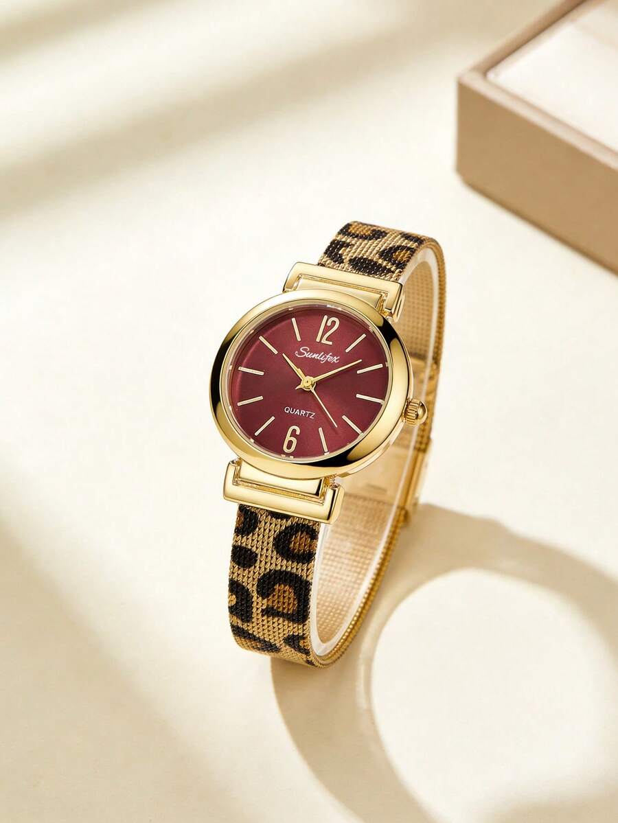 1pc Women's Round Vintage Quartz Watch, Gold Alloy Case, Elegant Red Dial, Leopard Print Metal Mesh Strap Luxury Watch - Red - View 1