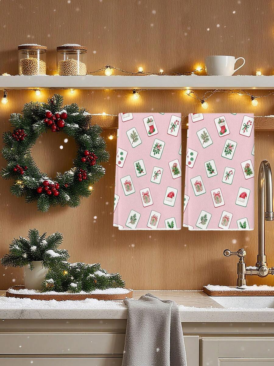 2 Pcs Snowflake Christmas Tree Mahjong Card Green Leaf Print Microfiber Rectangular Quick Dry Kitchen Towels For Christmas Winter Home Decor - Pink - View 1