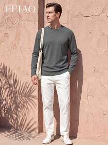 FEIAO Men's Vintage Ribbed Zip-Up Long Sleeve Polo Shirt, Suitable For Daily Commute, Loose Fit - Grey - View 4