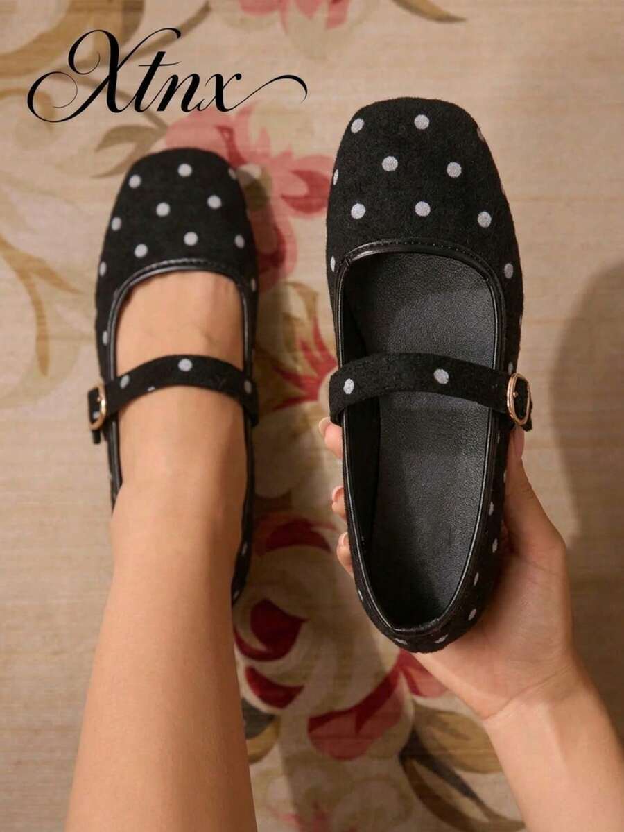 Women's Breathable Minimalist Buckle Polka Dot Square Toe Low Vamp One Strap Flat Ballet Shoes - Black - View 1