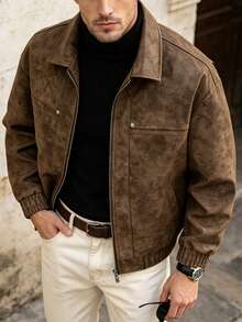 Men's Vintage Brown Faux Suede Jacket, Lapel Zipper Flight Jacket, Elastic Hem & Cuffs Casual Streetwear Outerwear - Coffee Brown - View 9