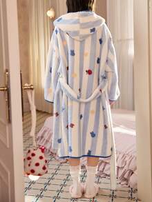 Gongdie Women Miffy Hooded Fleece Long Robe,Winter Blue Striped Soft Thick Loungewear With Belt And Pocket - Blue and White - View 2