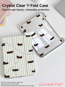 Cartoon Dachshund & Striped Pattern Tablet Protective Case, Compatible With IPad 9.7/10.2/10.5/10.9/12.9/Pro 11, 10th Gen, Compatible With Samsung Galaxy Tab S6 Lite 10.4 Inch, Compatible With Kindle Paperwhite 12th Gen 2024, Kindle (11th Gen-2024), Smart Stand/Auto Wake/Sleep, Y-Shaped Folding Tablet Protective Cover, Multiple Viewing Angles, Christmas & Birthday Gift - Multicolor - View 4