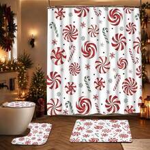 1/4pcs Christmas Candy Cane & Snowflake Pattern Shower Curtain Set With 12 Hooks, Polyester Fabric Bathroom Decor, Machine Washable Holiday Shower Curtain, Suitable For Winter Wonderland Theme, Easy Installation - A - View 10