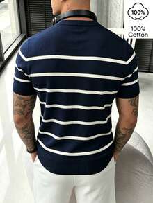WAIT HIM 100% Cotton Men's Casual Colorblock Striped Knit Top - Blue and White - View 4
