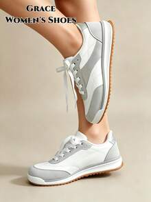 Women's All-Season New Multi-Function Training Shoes, Easy To Clean, Round Toe, Low-Top, Casual, Flat, Comfortable, Versatile, White, Color-Block, Sports Casual Shoes - White - View 5