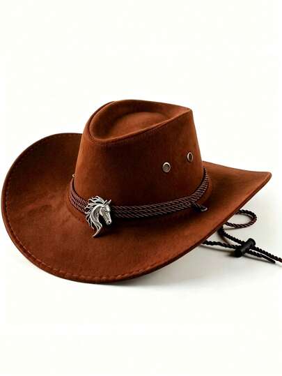 Unisex Western Cowboy Hat With Horse Head Decoration And Windproof Rope, Wide Brim Women's Cowboy Hat, Halloween Cosplay, Christmas Party, And White Friday Outfit, UAE National Day Festival Costume Accessory