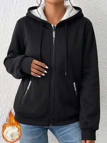 Women's Winter Sports Fleece Lining Zip-Up Sweatshirt Jacket, Running Cycling Fitness Multi-Functional Sports Outerwear - Black - View 10