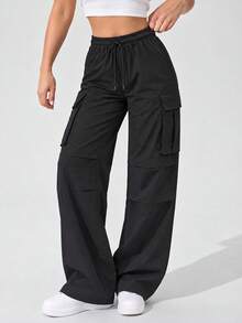 Women's Black Drawstring Waist Wide Leg Cargo Pants With Large Flap Pockets Casual Relaxed Fit Trousers For Daily Wear - Black - View 4