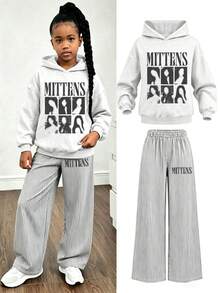 2PCS Vintage Street Girls Matching Set,Portrait Print Hoodie & Striped Wide Leg Pants, Soft Casual Street Outfit - Light Grey - View 1