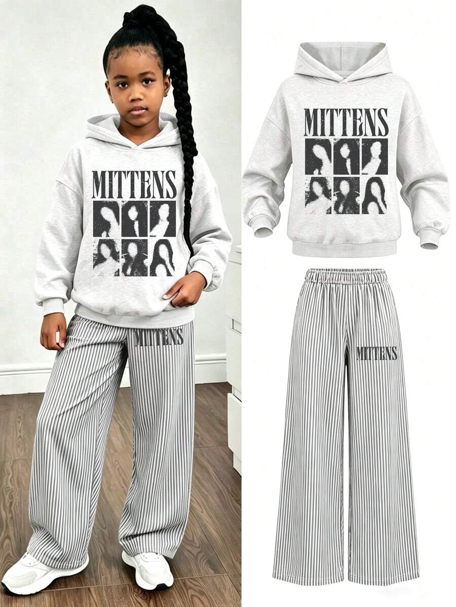 2PCS Vintage Street Girls Matching Set,Portrait Print Hoodie & Striped Wide Leg Pants, Soft Casual Street Outfit - Light Grey - View 1