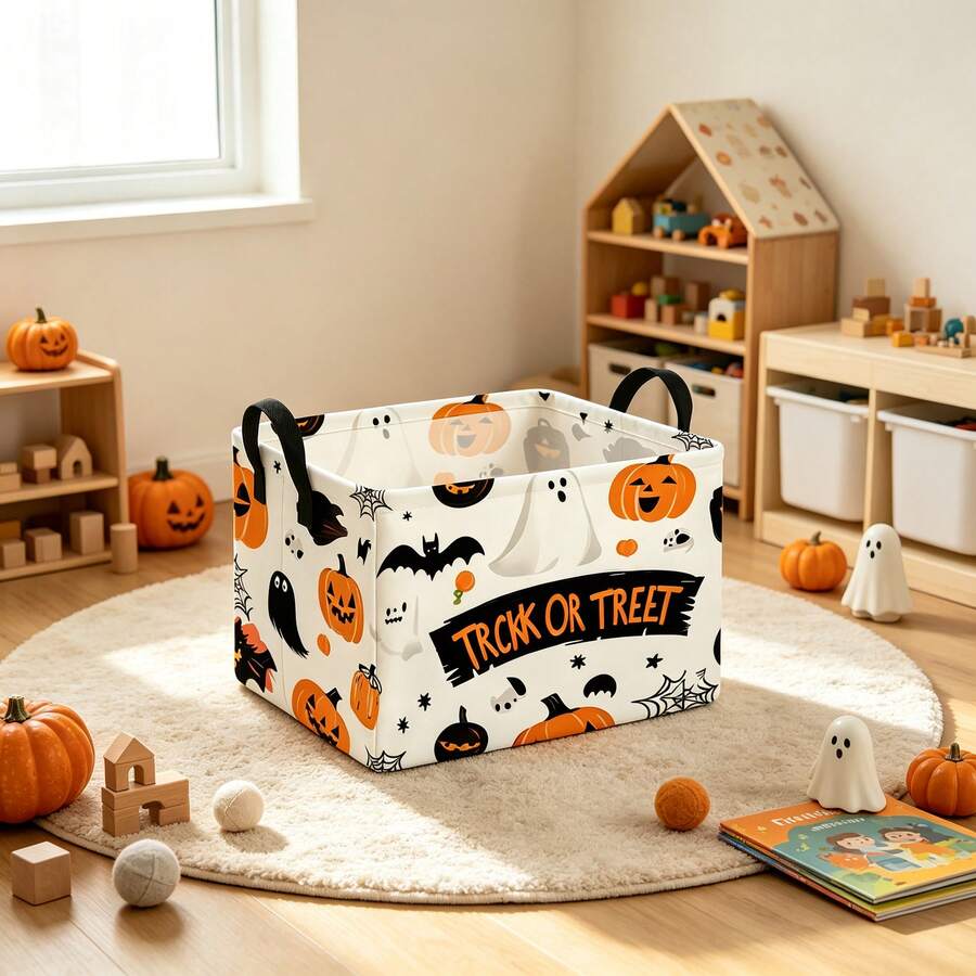 1PC Halloween Trick Or Treat Storage Basket With Handles, Multi-Functional Storage For Clothes And Sundries, Home Decor, Room Decor, Bedroom Decor, Halloween Decor - Multicolor - View 1
