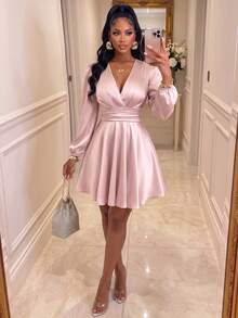 Pink Satin Elegant Fitted Mini Dress, Long Sleeve Deep V-Neck, Ruched Bust Design, Flared Hem, Suitable For Formal Occasions And Parties - Pink - View 1