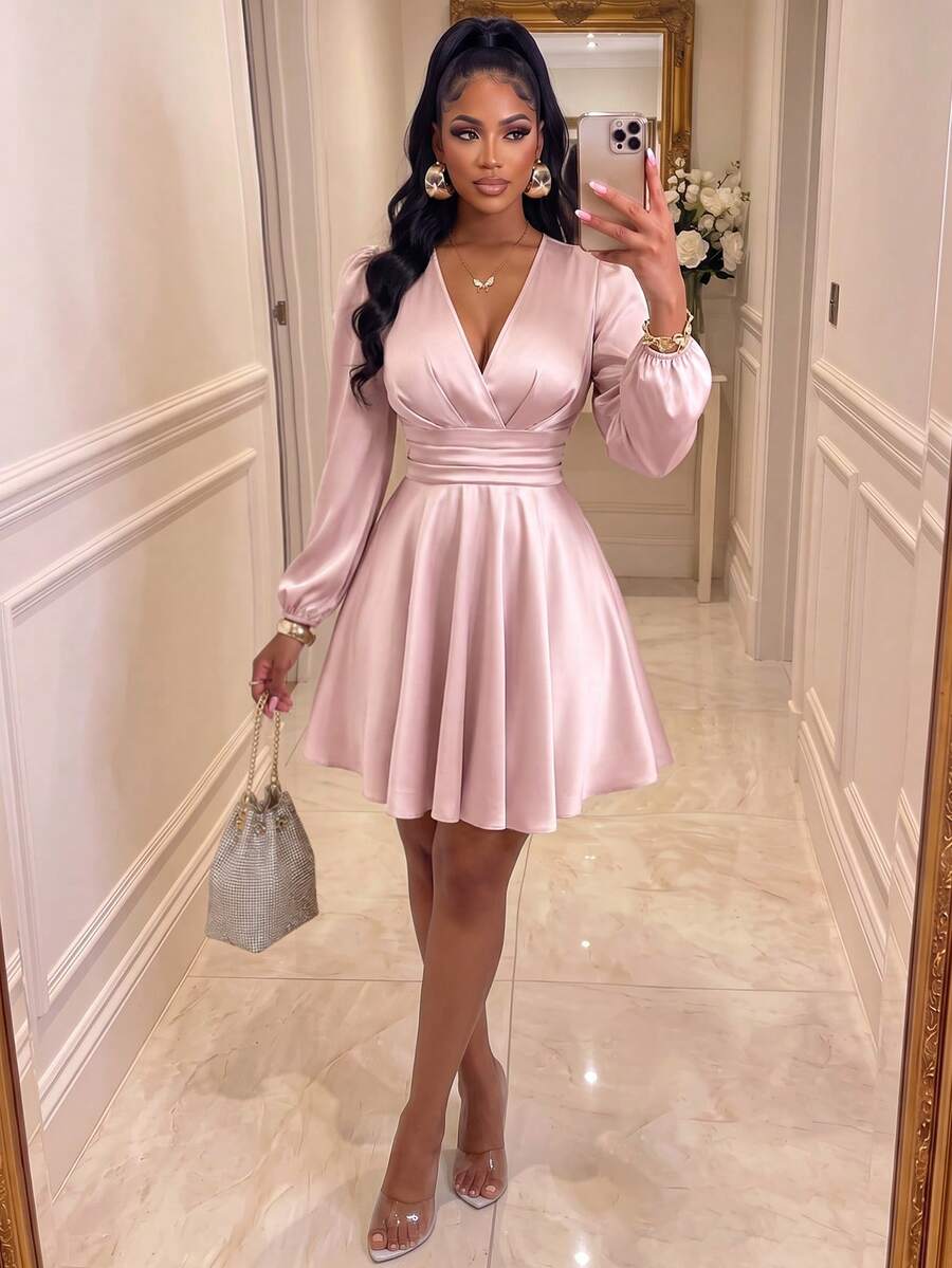 Pink Satin Elegant Fitted Mini Dress, Long Sleeve Deep V-Neck, Ruched Bust Design, Flared Hem, Suitable For Formal Occasions And Parties - Pink - View 1