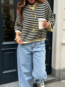 MORI Women's Autumn/Winter New Knit Top, Yellow And Black Striped Short Sleeve Crew Neck Pullover, Casual Style Fall - Yellow and Black - View 3