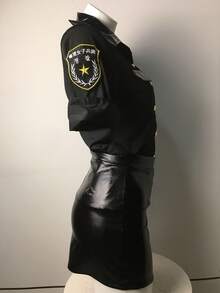 Cool All-Black Police Uniform Style Women's Set, Workwear Shirt With Patch Pocket On Chest, Leather Texture Slit Skirt, Y2K Uniform Style Nightclub Outfit - Black - View 5