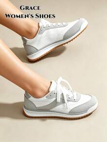 Women's All-Season New Multi-Function Training Shoes, Easy To Clean, Round Toe, Low-Top, Casual, Flat, Comfortable, Versatile, White, Color-Block, Sports Casual Shoes - White - View 2