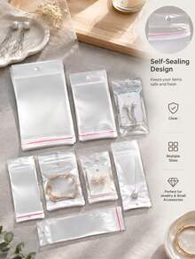 100pcs Transparent Self-Sealing Plastic Bags, Multiple Sizes Reusable Polyethylene Bags With Hanging Holes, Jewelry Display Packaging Bags, Gift Packaging Bags, Gift Storage Bags - Multiple Styles - View 4