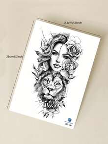 1pc Black Ins Style Portrait Lion Floral Pattern Party Gift DIY Holiday Gift Music Festival Temporary Waterproof Tattoo Sticker For Arm Waist Abdomen Leg - Black - View 7