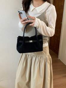 1件女款純色肩背托特包，大容量時尚秋冬新款麂皮布料手提包，適合辦公、通勤、購物、度假、旅行、送禮 - 黑色 - 查看 6