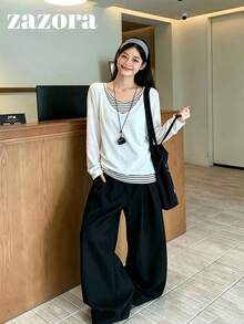 Striped 2 In 1 Long Sleeve T-Shirt, Korean Style Lazy Loose Casual Top, Autumn Clothing - White - View 10