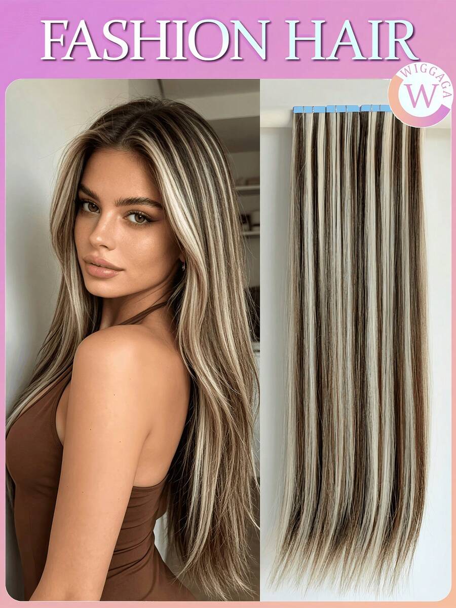 Straight Tape-In Hair Extensions Black/Blonde/Brown/Ombre 24 Inch 10/20 Pieces 30g/60g For Women - Multicolor - View 1