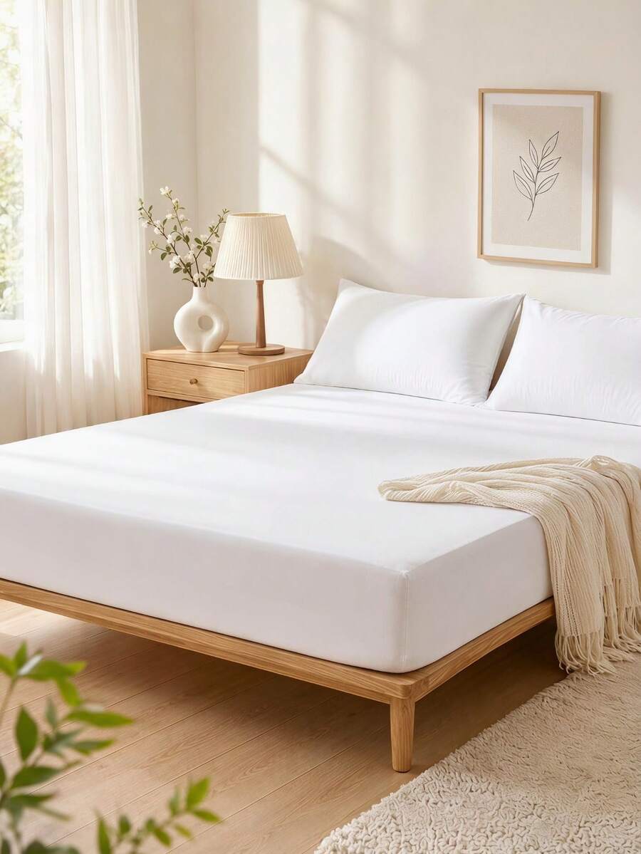 Haus Hana 1pc Soft Solid Color Fitted Sheet - Breathable Polyester Mattress Cover With All-Around Elastic, Wrinkle & Fade Resistant Mattress Cover With Deep Pocket - White - View 1