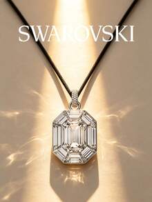 Kalung Swarovski Lucent Octagonal Cut Black Cord untuk Wanita, Liontin Kristal Transparan Persegi Panjang Besar, Tali Panjang yang Dapat Diatur, Perhiasan Mewah - Perak - View 1