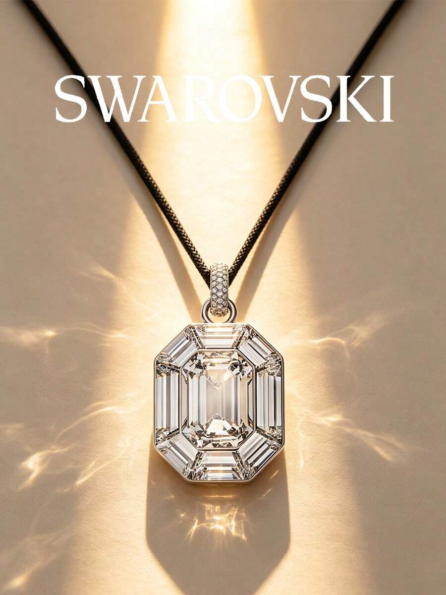 Kalung Swarovski Lucent Octagonal Cut Black Cord untuk Wanita, Liontin Kristal Transparan Persegi Panjang Besar, Tali Panjang yang Dapat Diatur, Perhiasan Mewah - Perak - View 1