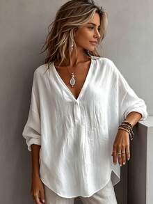 New Women's Casual Loose Fashion Elegant Solid Color Long Sleeve V-Neck Pullover Blouse, Suitable For Daily Wear - White - View 2