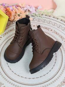Autumn/Winter New Girls' All-Match Short Boots, Solid Color Minimalist Design, Side Zipper For Easy On/Off, Thick Sole Anti-Slip, Versatile For Daily School And Outings, Children's Boots - Brown - View 2